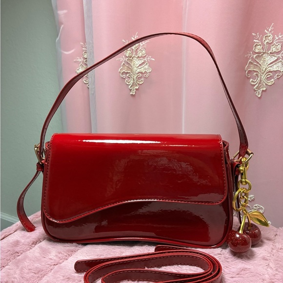 Glossy Cherry-Accent Shoulder Bag in Deep Red - Picture 3 of 7